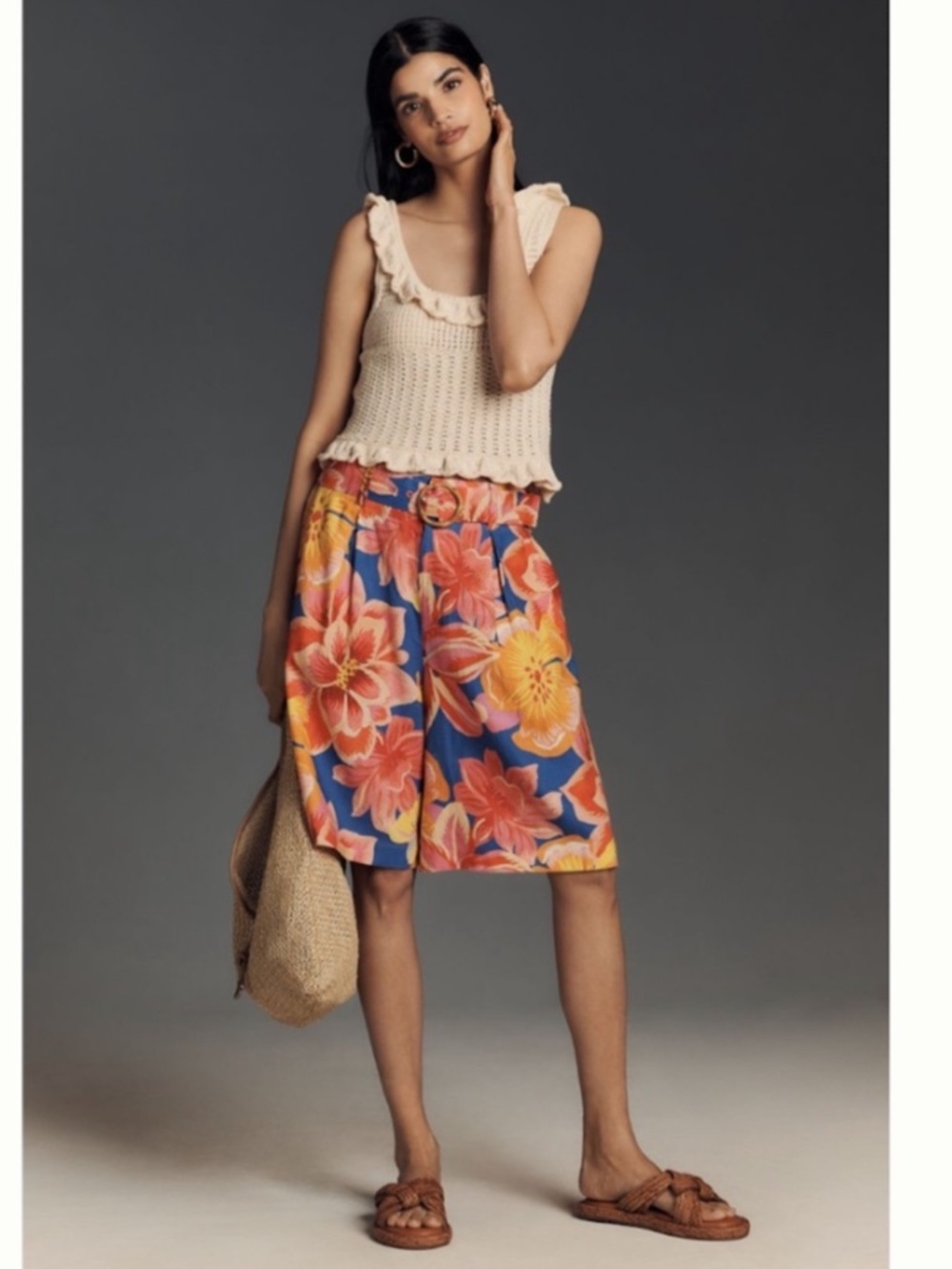 Nwt Farm Rio X Anthropologie Linen Blend Belted Floral Bermuda Shorts
